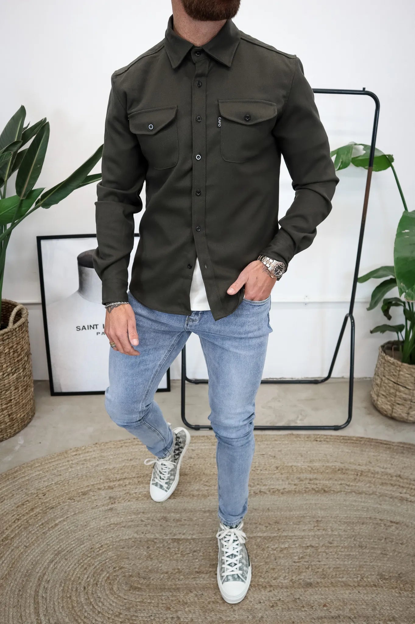 Men Overshirt Jacket Chest Pockets Spring Autumn Casual Lightweight
