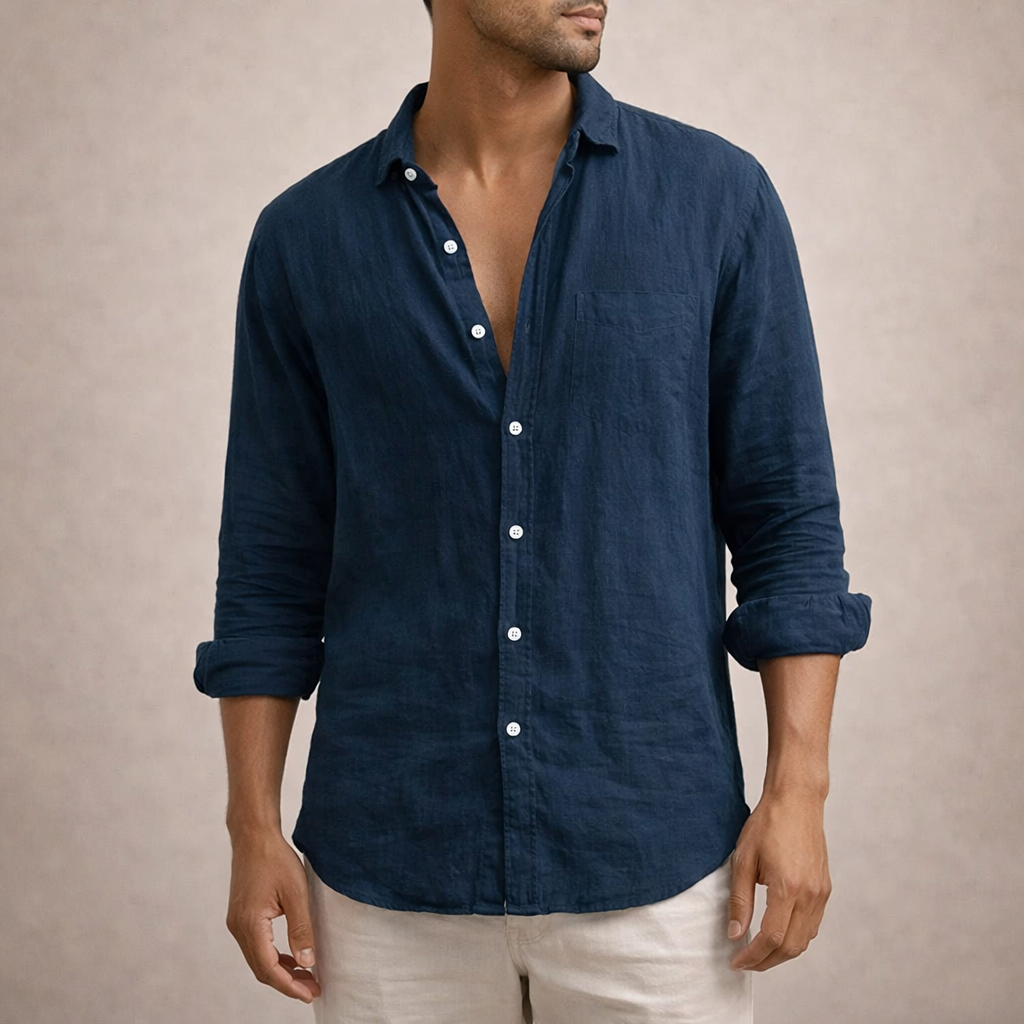 Linen shirt Men Regular Fit Airy fabric Open collar Long sleeves