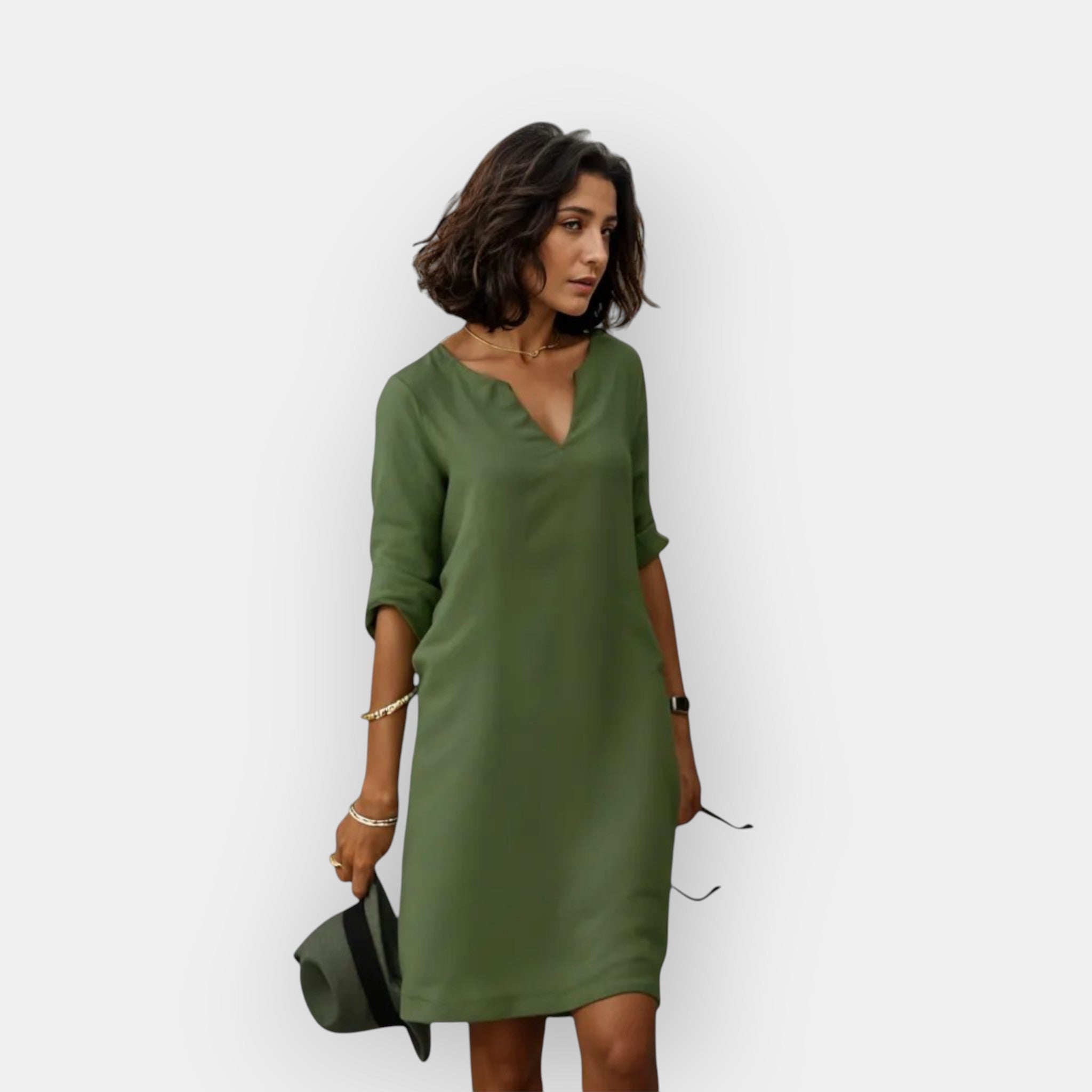 Airy Elegant Midi Dress for Women with V-Neck and Three-Quarter Sleeves