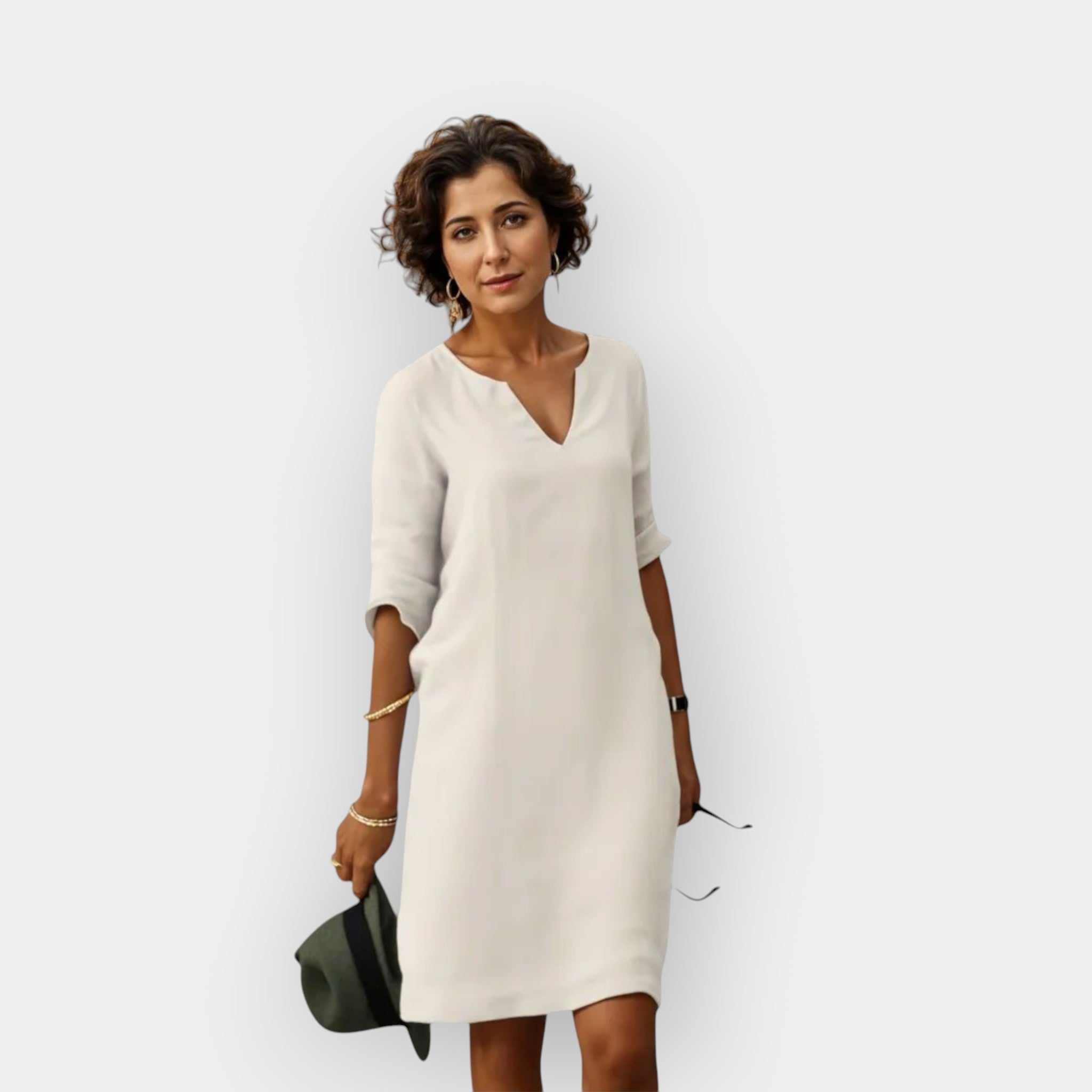 Airy Elegant Midi Dress for Women with V-Neck and Three-Quarter Sleeves