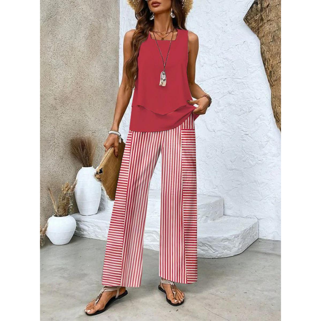 Women Co-ord Set With Tiered Top And Wide-Leg Trousers