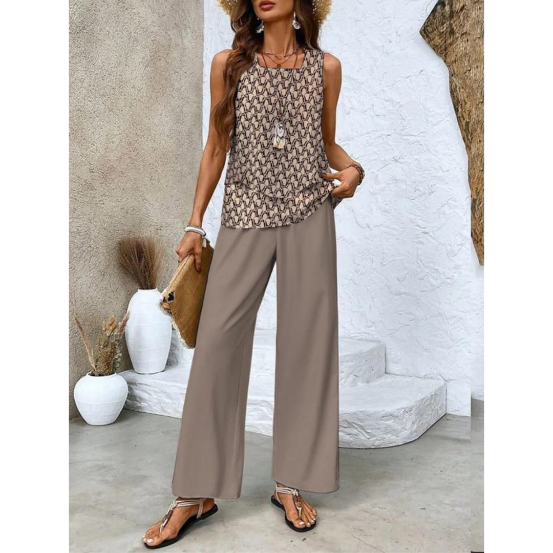 Women Co-ord Set With Tiered Top And Wide-Leg Trousers