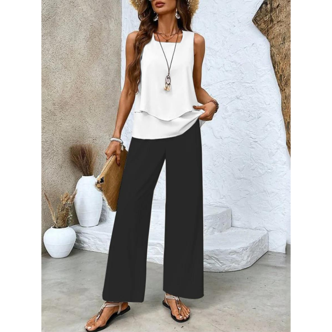 Women Co-ord Set With Tiered Top And Wide-Leg Trousers