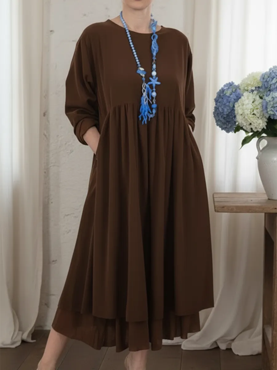 Women's Elegant Loose Fit Long Sleeve Midi Dress