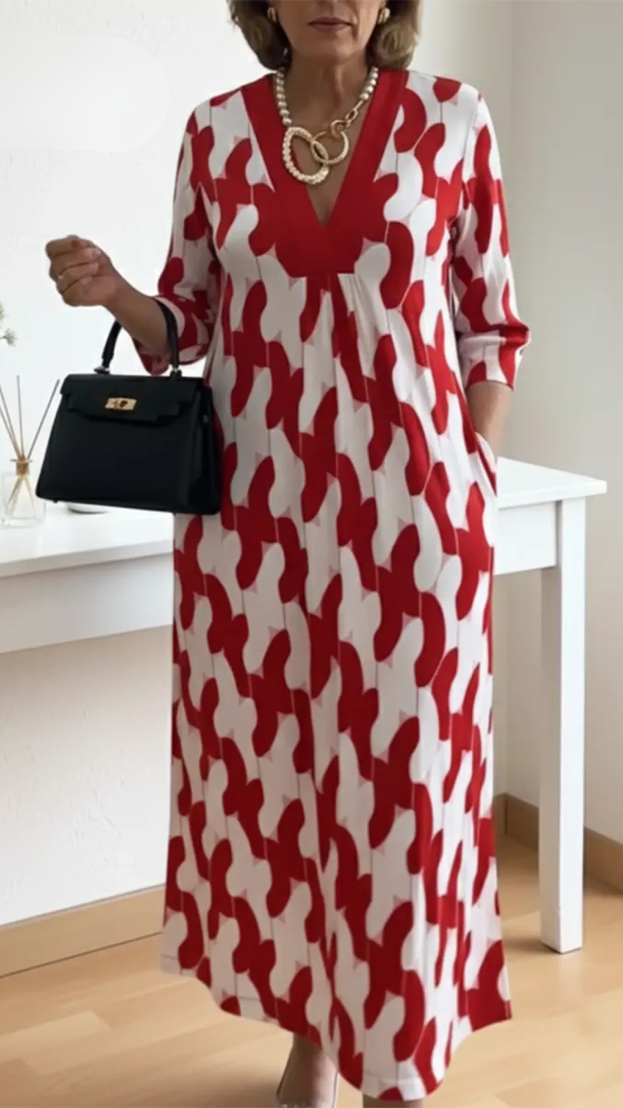 Elegant V-Neck 3/4 Sleeve Maxi Dress For Women