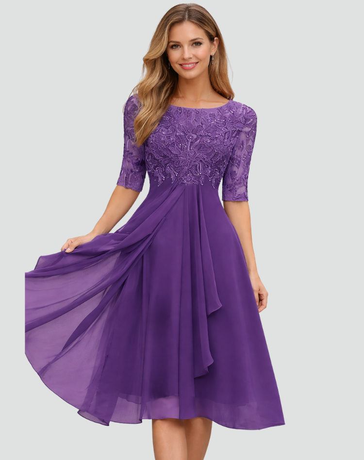 Midi party dress Women's Regular Fit Lace Three-Quarter Sleeve