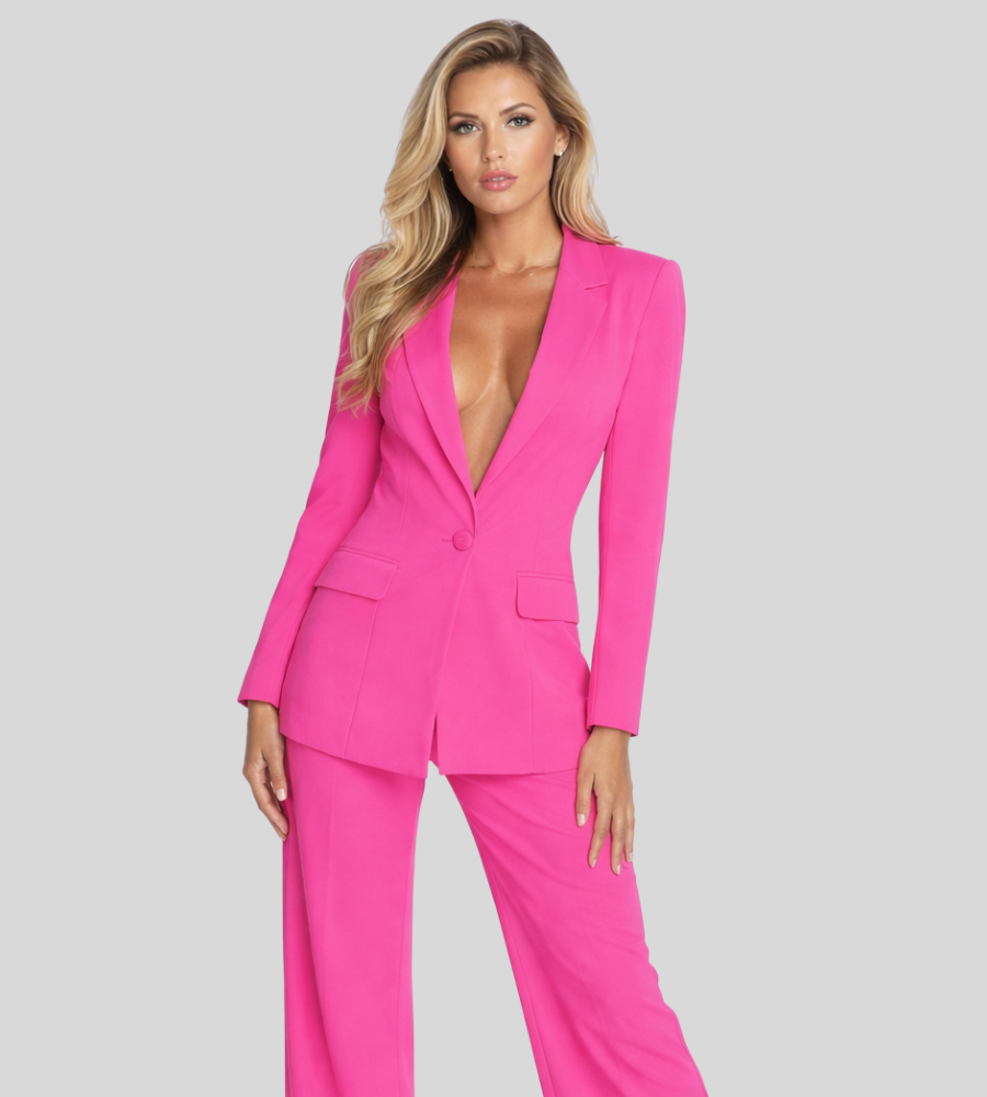Business Set Women's Regular Fit Linen Blazer with Wide-Leg Trousers