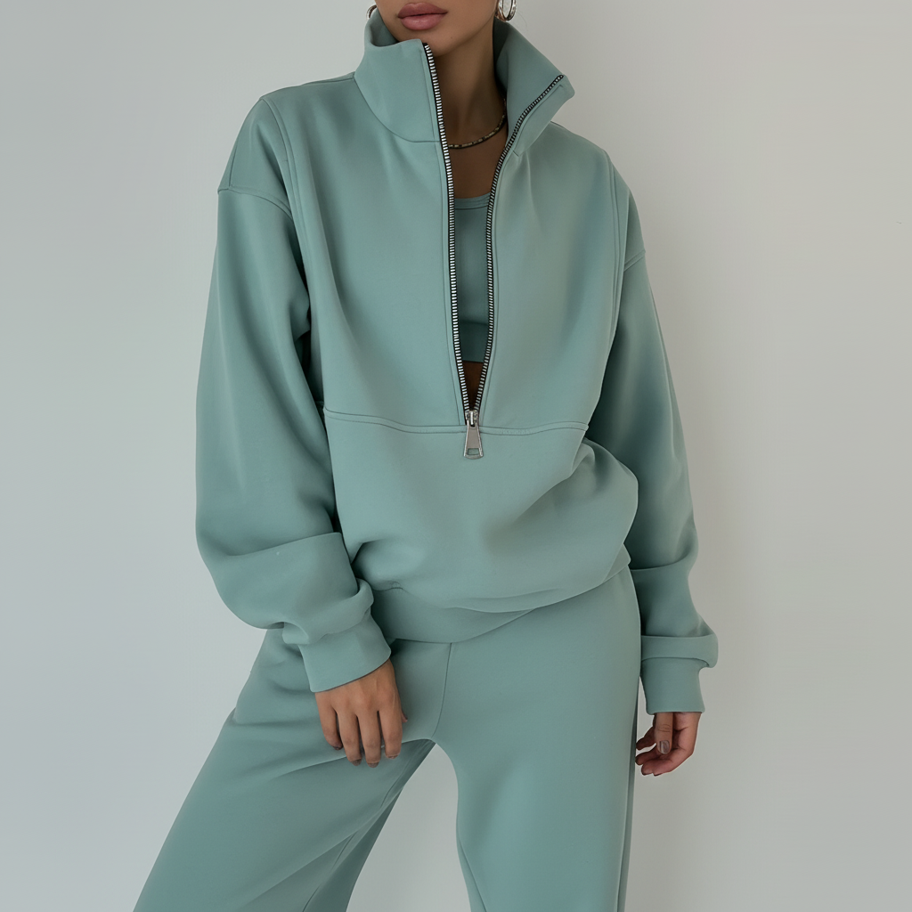 Women's Sporty Half-Zip Sweater and Casual Pants Regular Fit Set