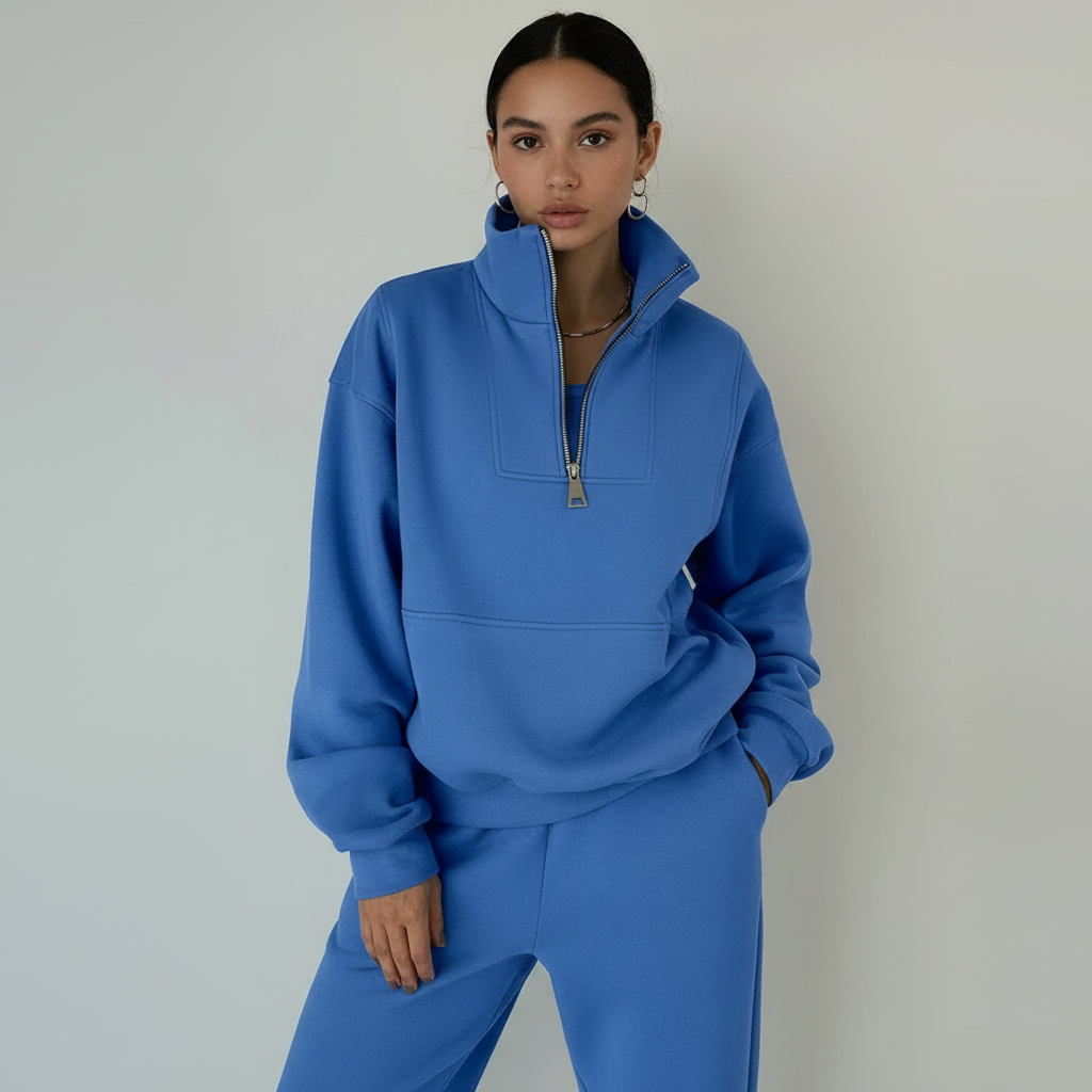 Women's Sporty Half-Zip Sweater and Casual Pants Regular Fit Set