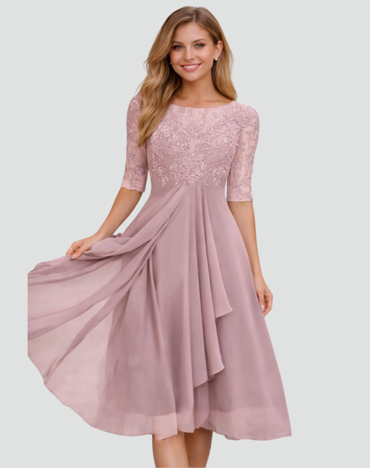 Midi party dress Women's Regular Fit Lace Three-Quarter Sleeve
