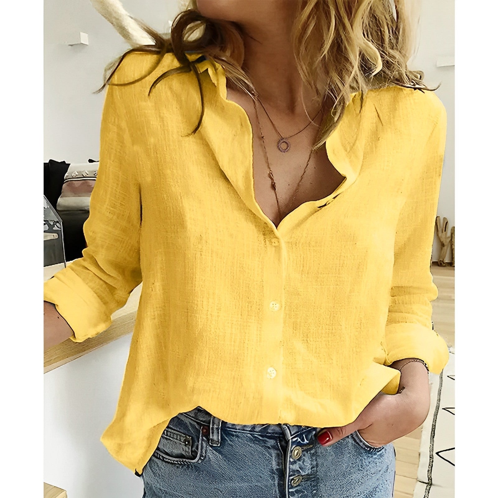Women's Blouse Relaxed Fit Button Closure Round Neck Casual Summer