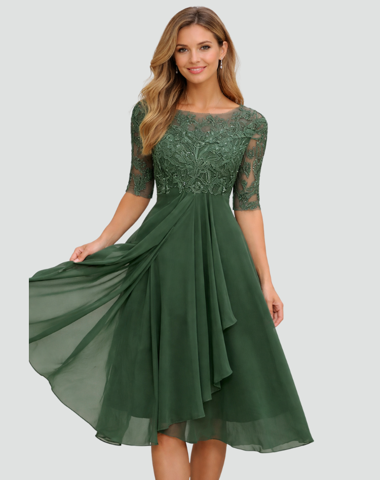 Midi party dress Women's Regular Fit Lace Three-Quarter Sleeve