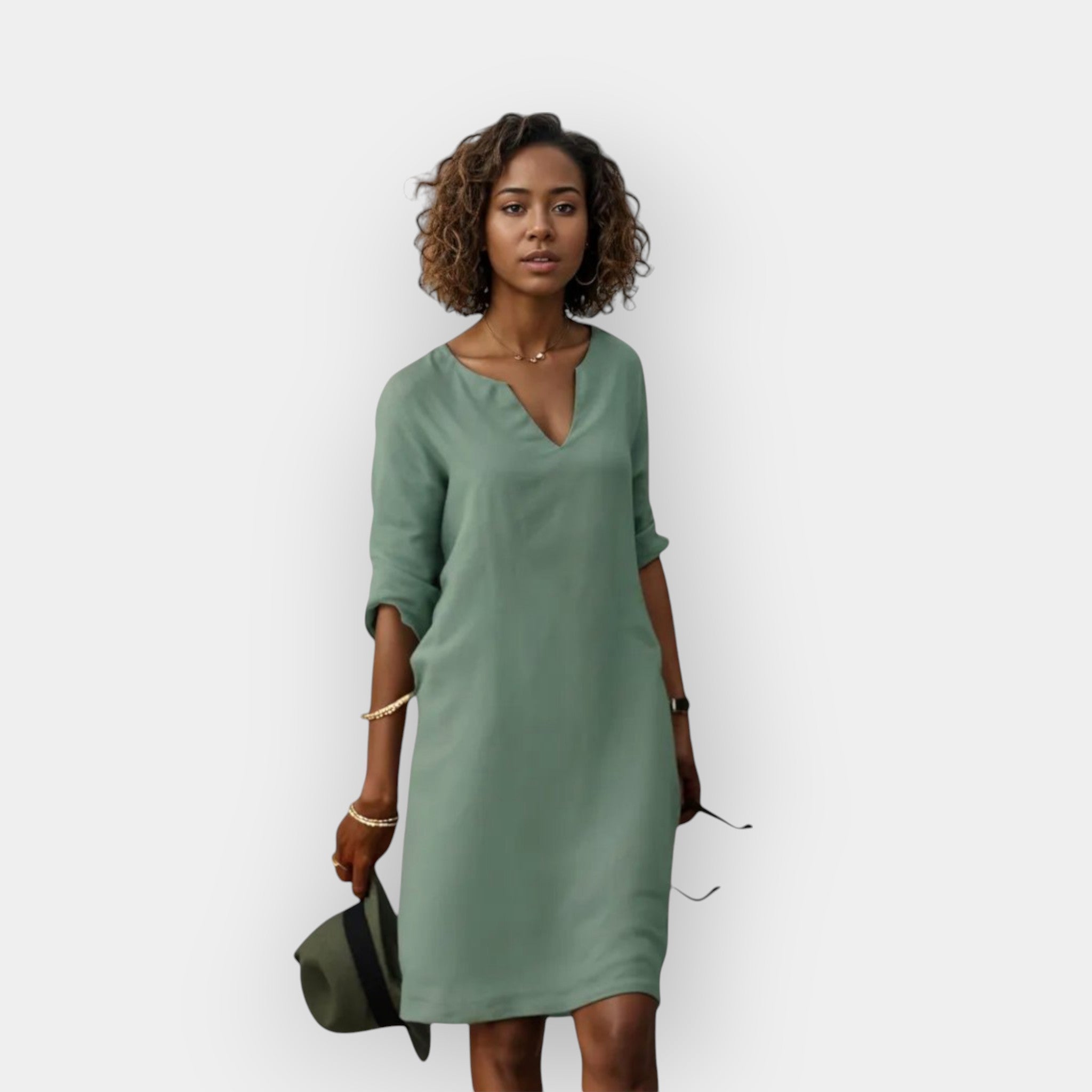 Airy Elegant Midi Dress for Women with V-Neck and Three-Quarter Sleeves