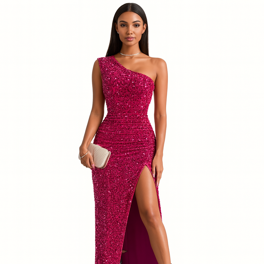 One-Shoulder Evening Dress with High Slit for Festive Occasions