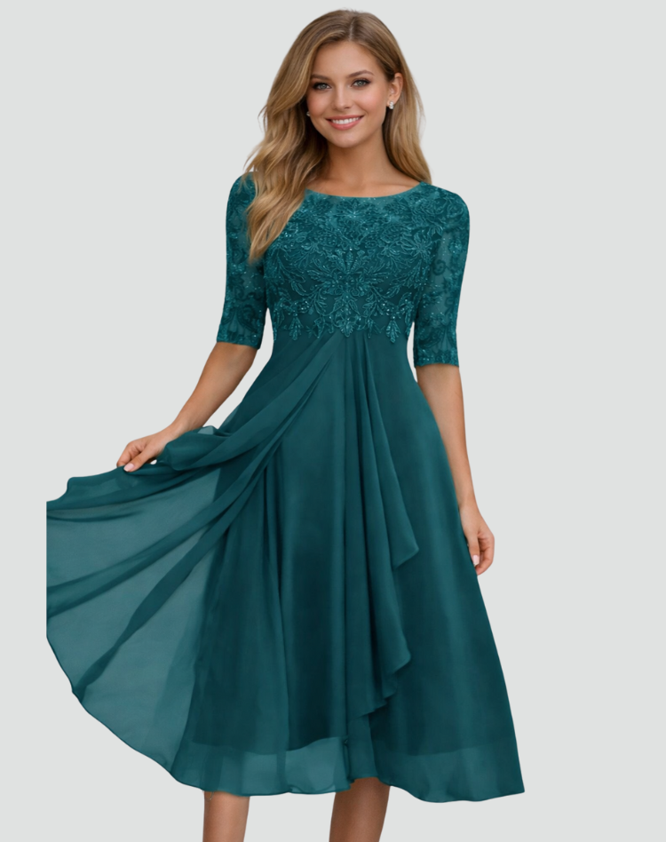 Midi party dress Women's Regular Fit Lace Three-Quarter Sleeve