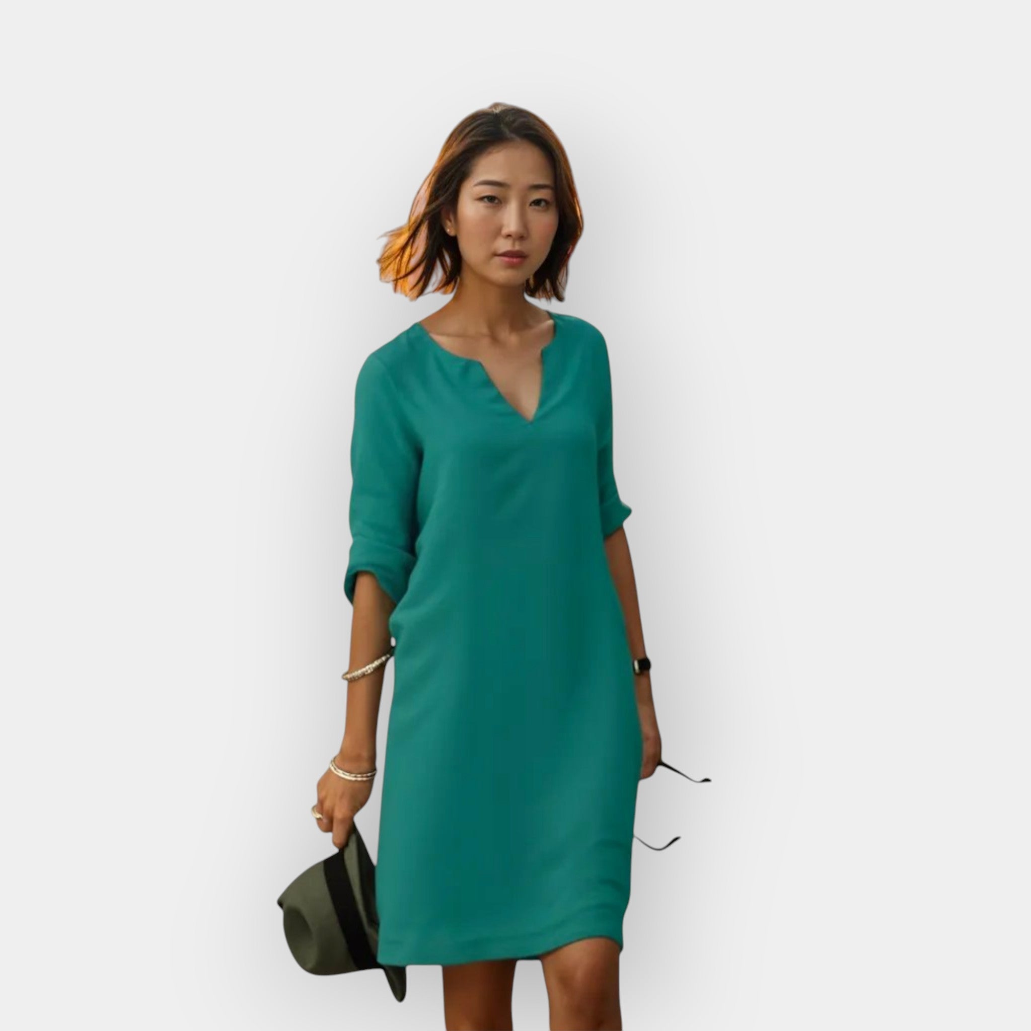 Airy Elegant Midi Dress for Women with V-Neck and Three-Quarter Sleeves