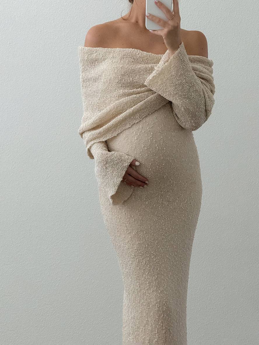 Maternity Dress Women Regular Fit Off-the-Shoulder Long Sleeves