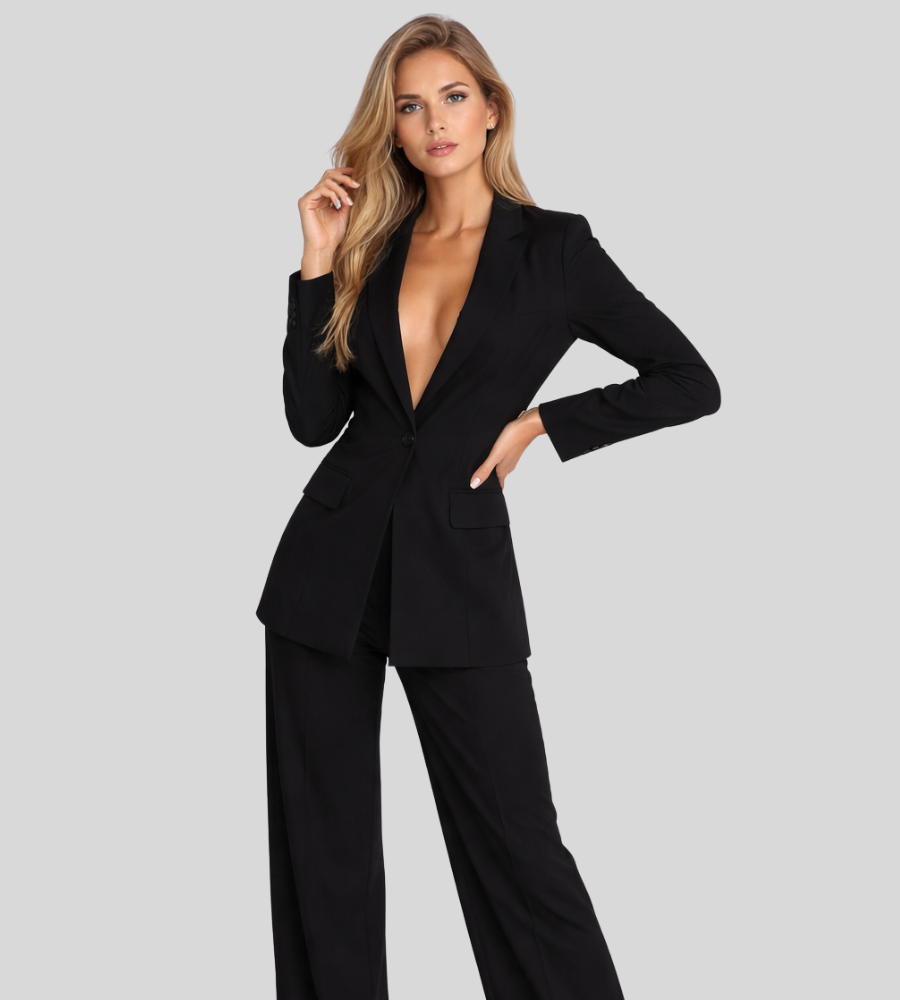 Business Set Women's Regular Fit Linen Blazer with Wide-Leg Trousers