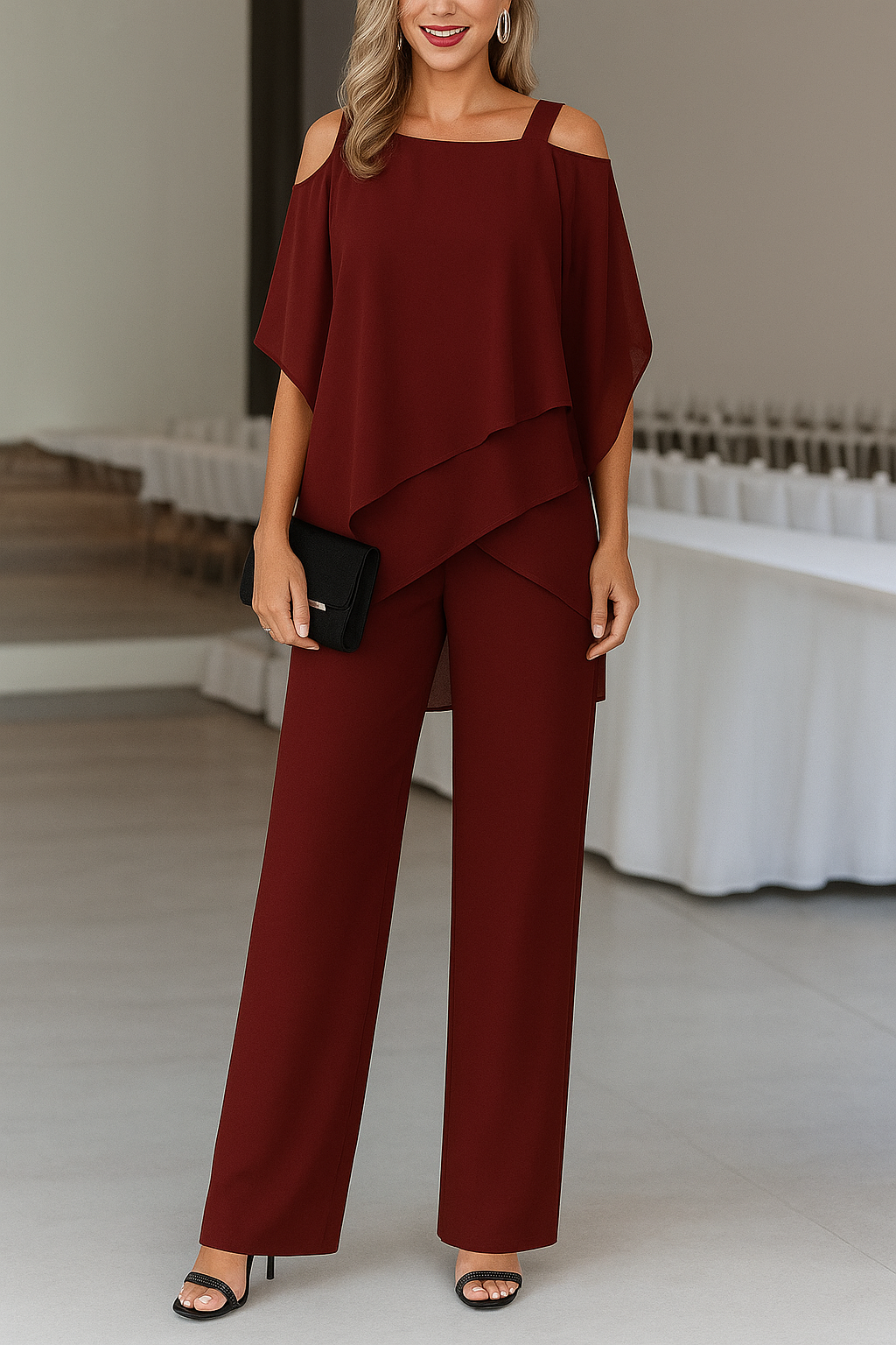 Elegant Airy Women's Set With Off-Shoulder Top And Wide-Leg Trousers