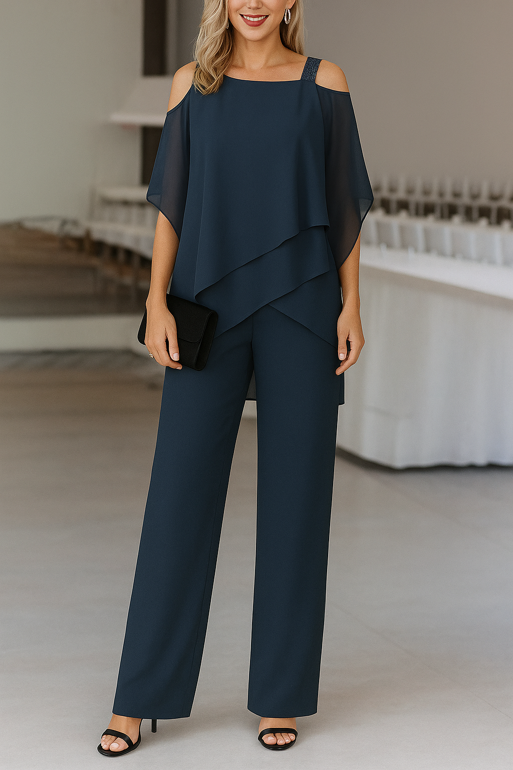 Elegant Airy Women's Set With Off-Shoulder Top And Wide-Leg Trousers