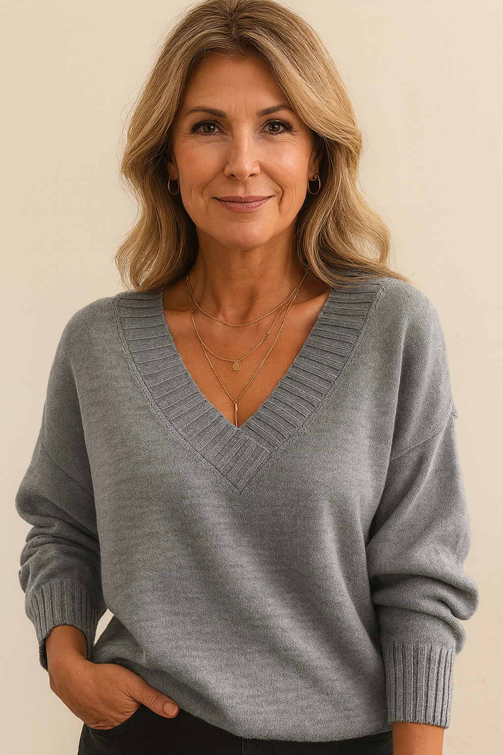 Soft Knitted Women's Sweater with Deep V-Neck and Long Sleeves
