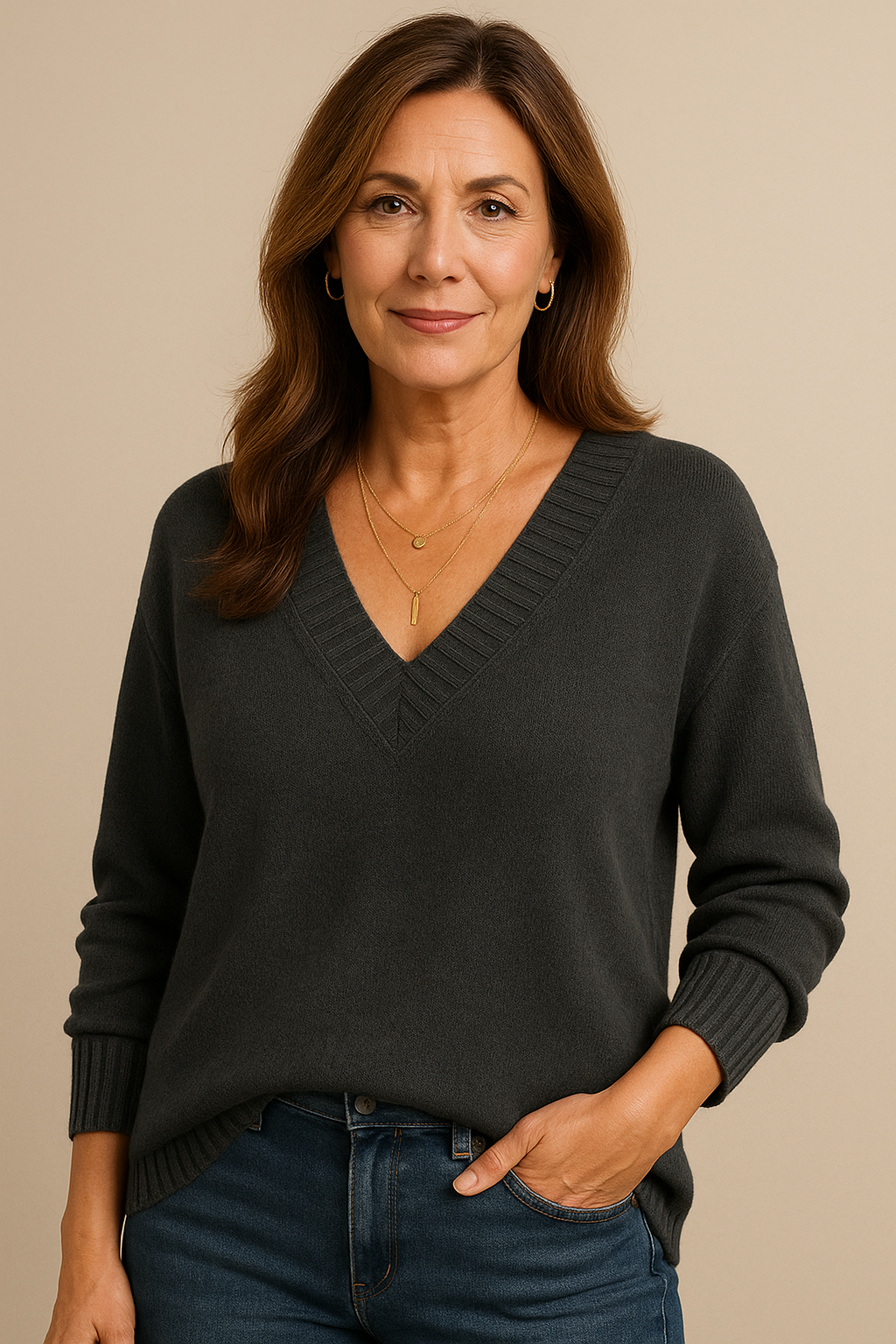 Soft Knitted Women's Sweater with Deep V-Neck and Long Sleeves