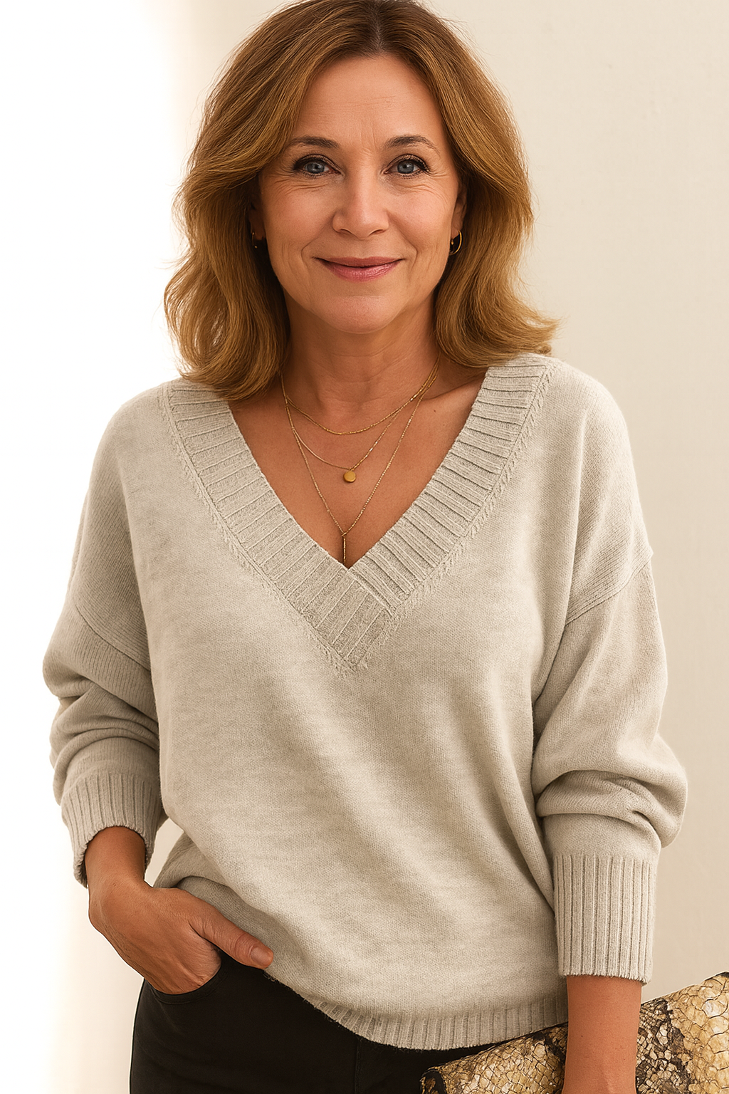 Soft Knitted Women's Sweater with Deep V-Neck and Long Sleeves