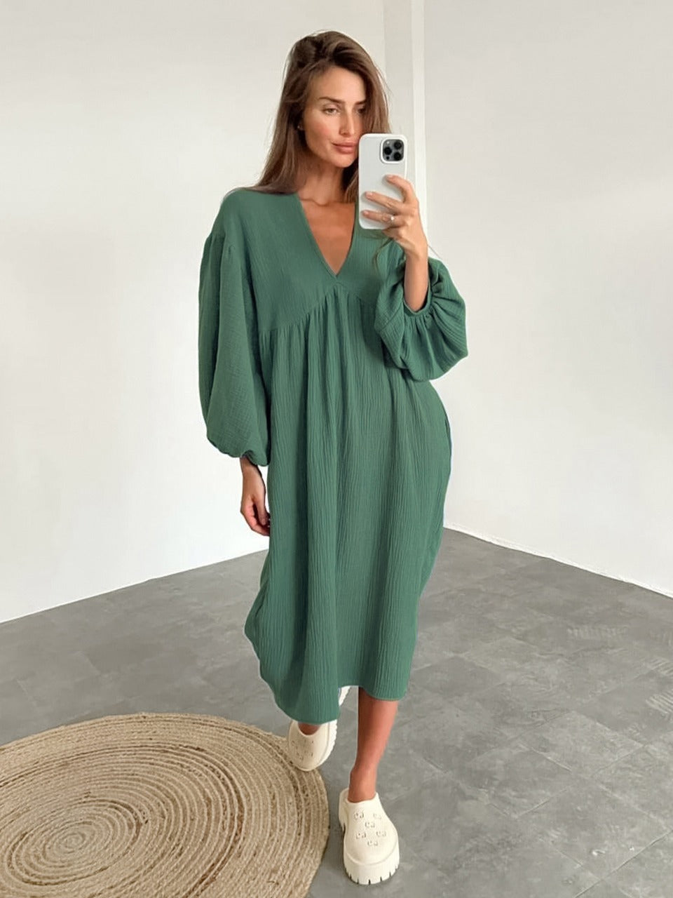 Women's V-Neck Puff Sleeve Midi Nightgown