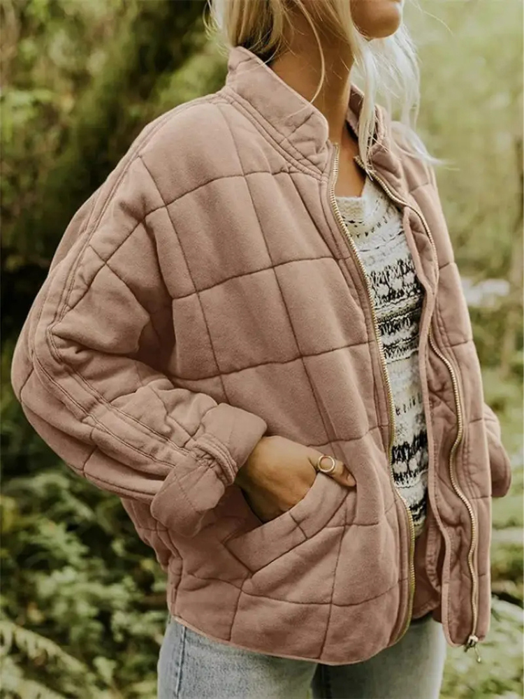 Oversized Women's Quilted Bomber Jacket with Zipper and Pockets