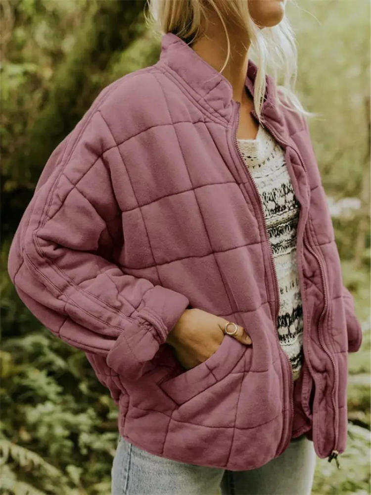 Oversized Women's Quilted Bomber Jacket with Zipper and Pockets