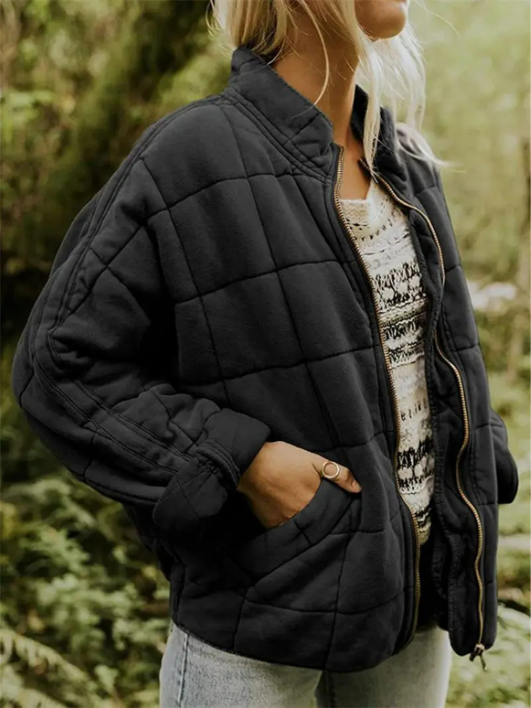 Oversized Women's Quilted Bomber Jacket with Zipper and Pockets