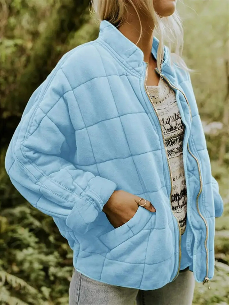 Oversized Women's Quilted Bomber Jacket with Zipper and Pockets