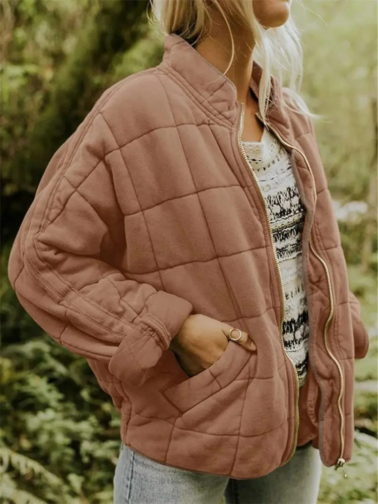 Oversized Women's Quilted Bomber Jacket with Zipper and Pockets