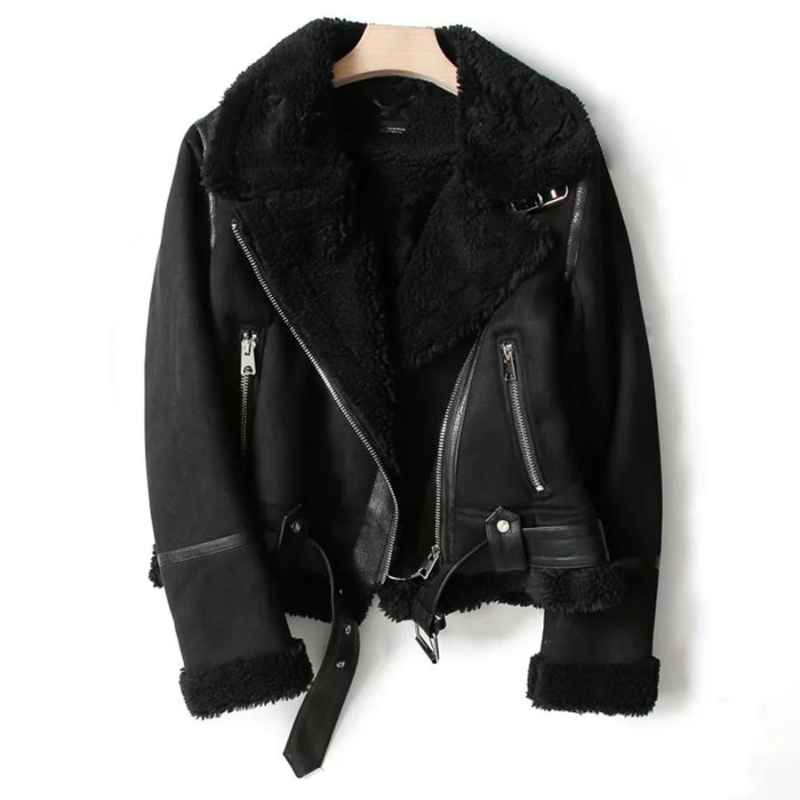Soft Leather Ladies Biker Jacket with Teddy Lining and Zipper Details