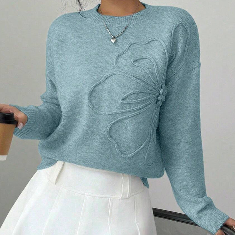 Women's Fine Knit Sweater with Embossed Flower and Round Neck