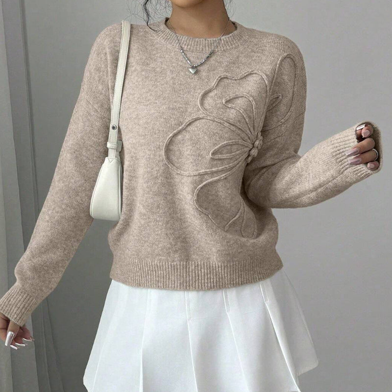 Women's Fine Knit Sweater with Embossed Flower and Round Neck