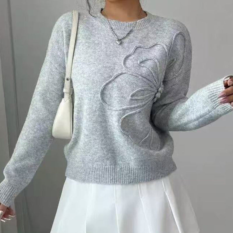 Women's Fine Knit Sweater with Embossed Flower and Round Neck