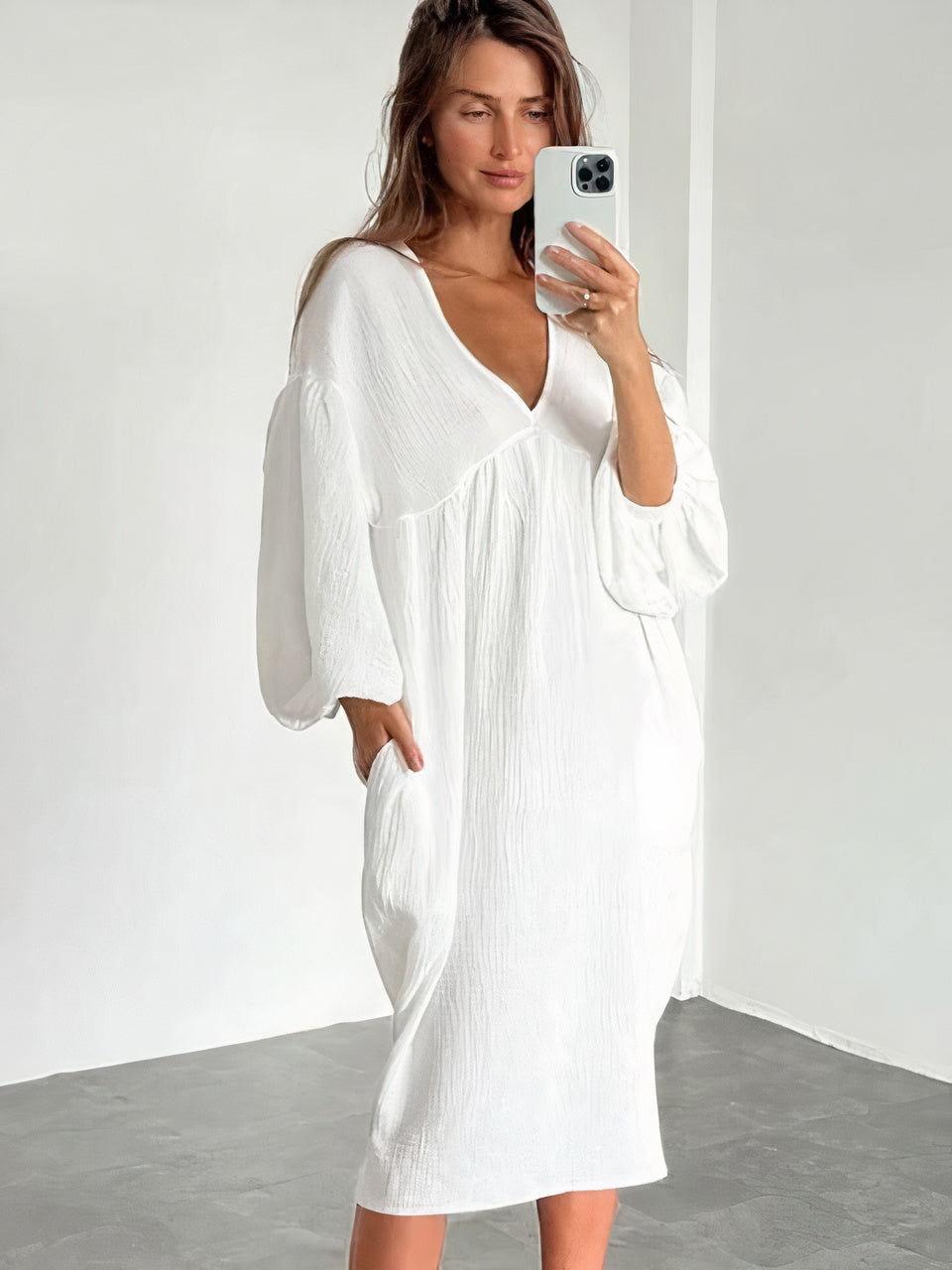 Women's V-Neck Puff Sleeve Midi Nightgown