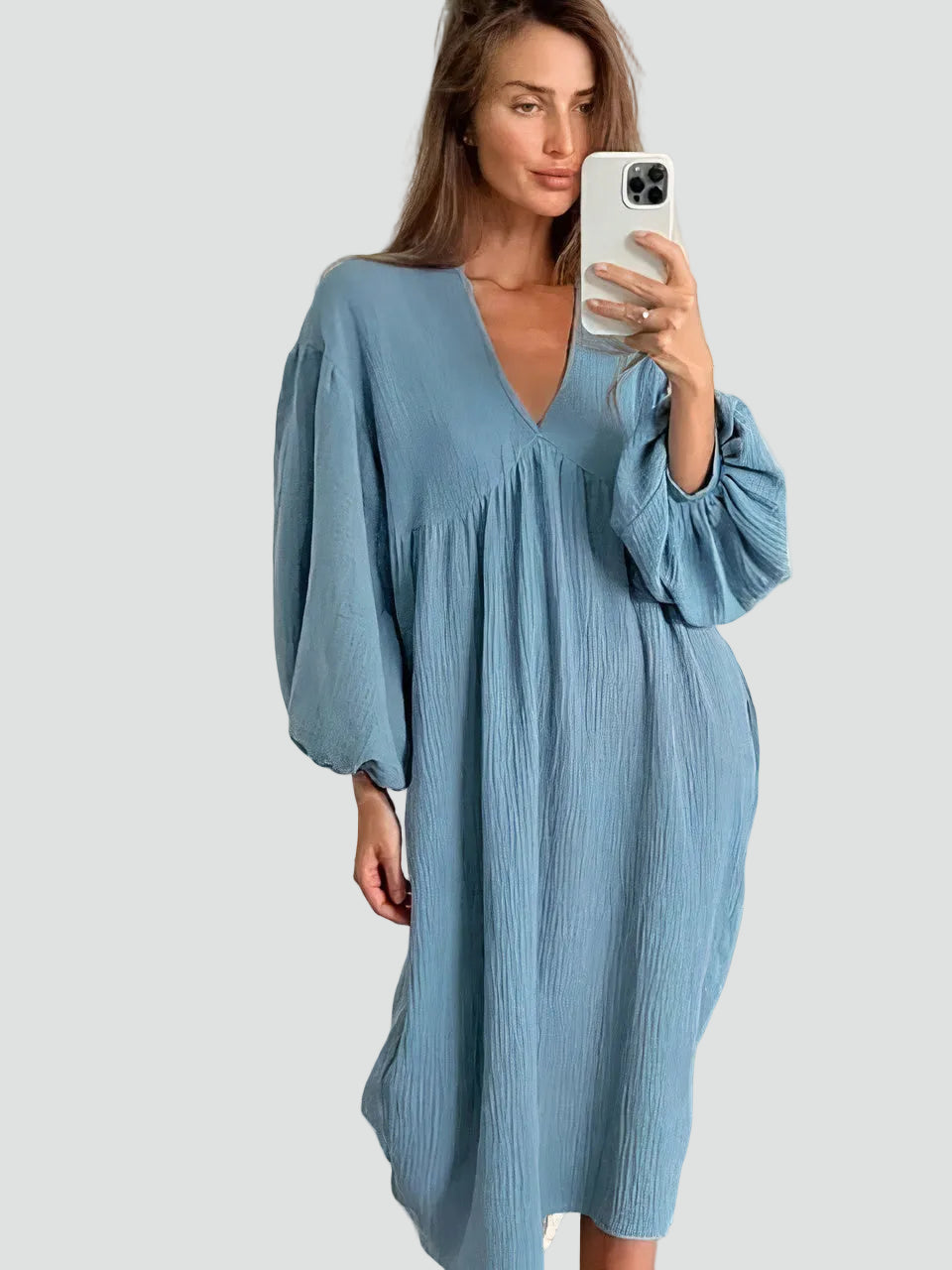 Women's V-Neck Puff Sleeve Midi Nightgown