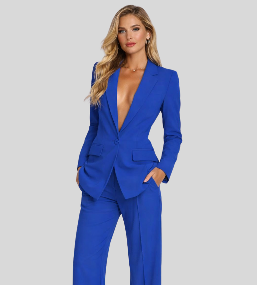 Business Set Women's Regular Fit Linen Blazer with Wide-Leg Trousers