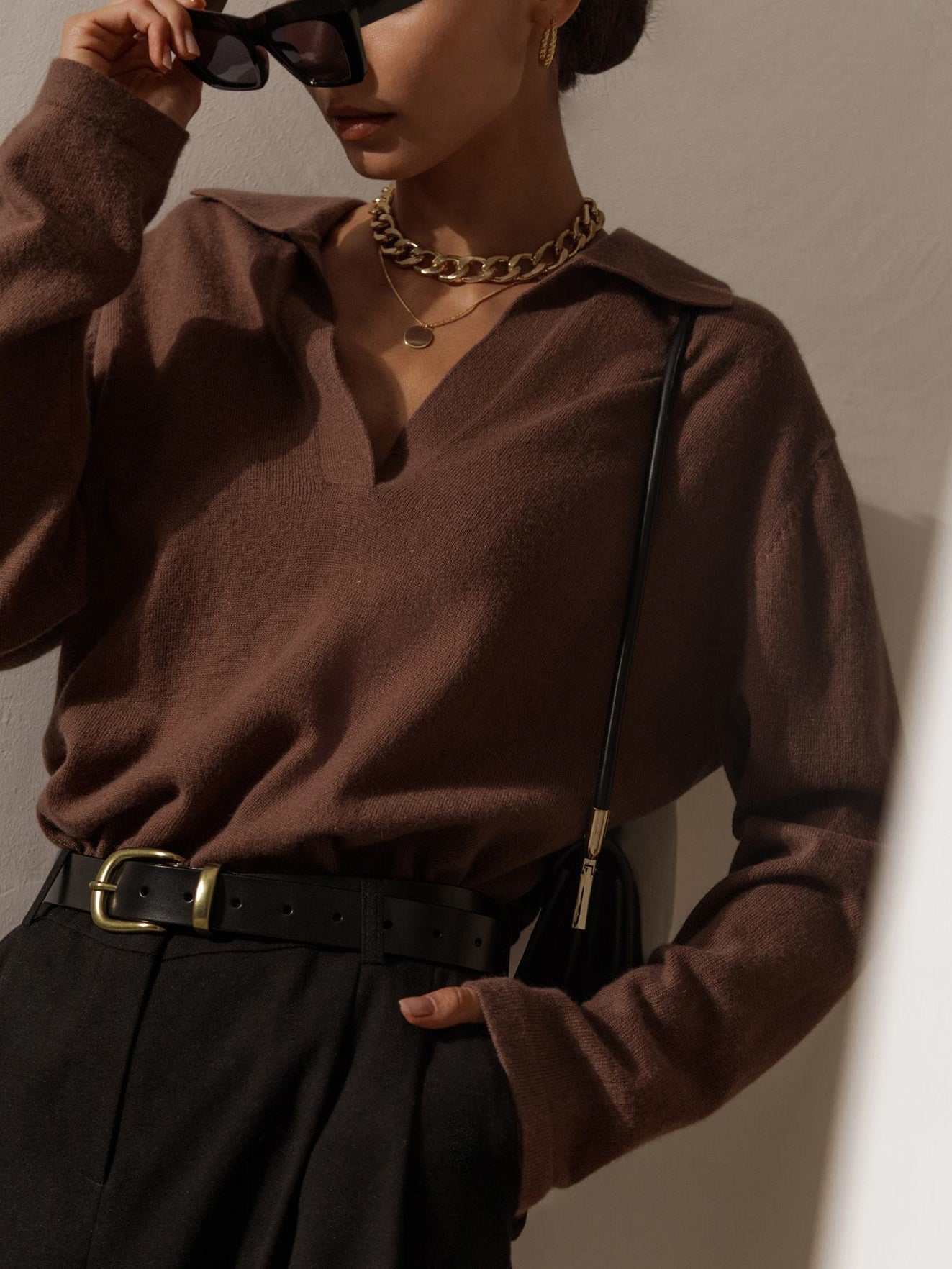 Women's Knitted Sweater with Collared V-neck Fit