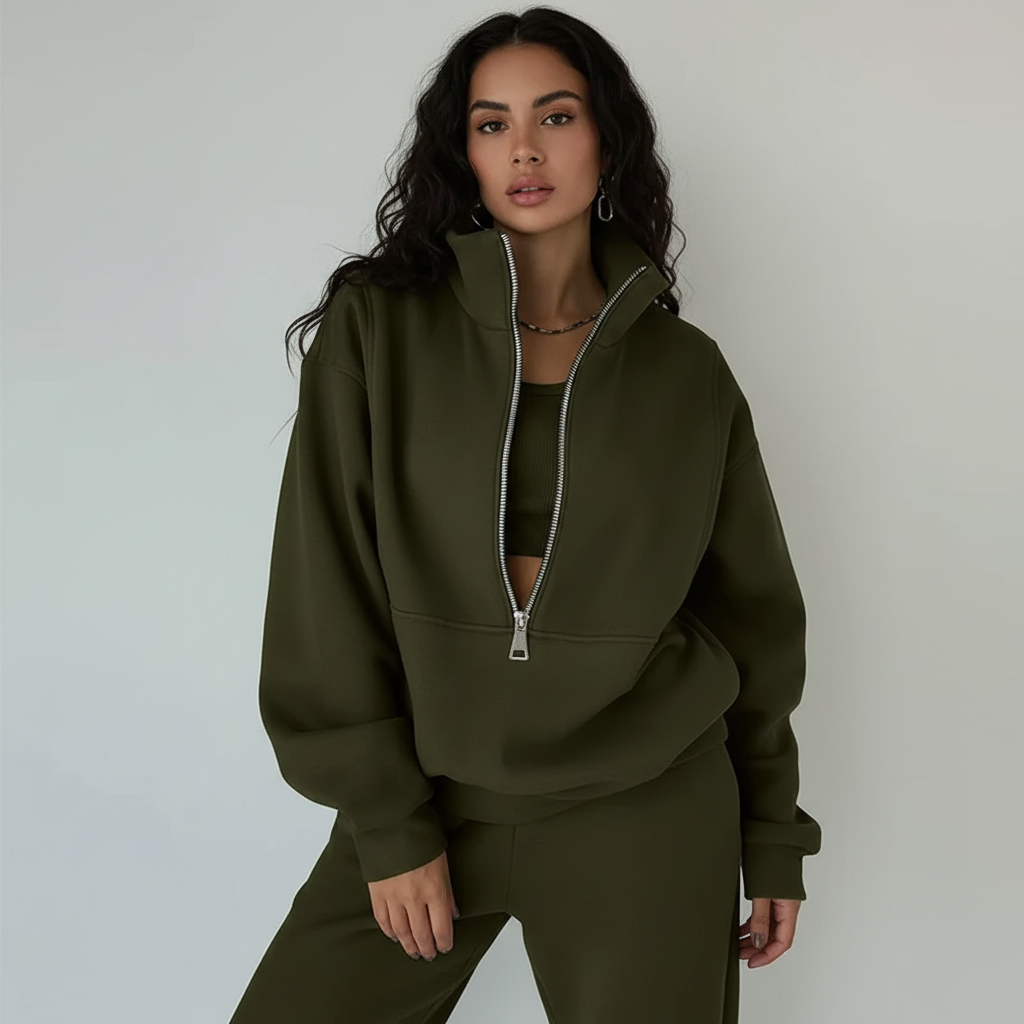 Women's Sporty Half-Zip Sweater and Casual Pants Regular Fit Set