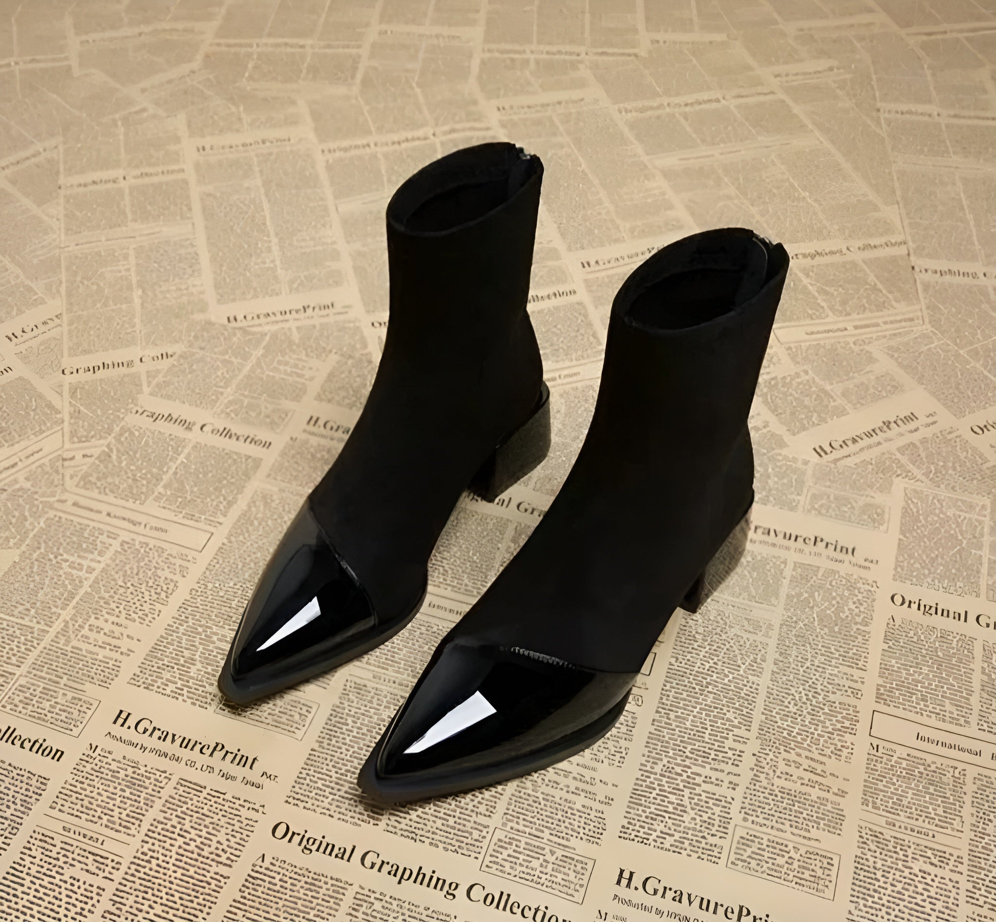 Women's Suede Ankle Boots Block Heel Patent Details Elegant