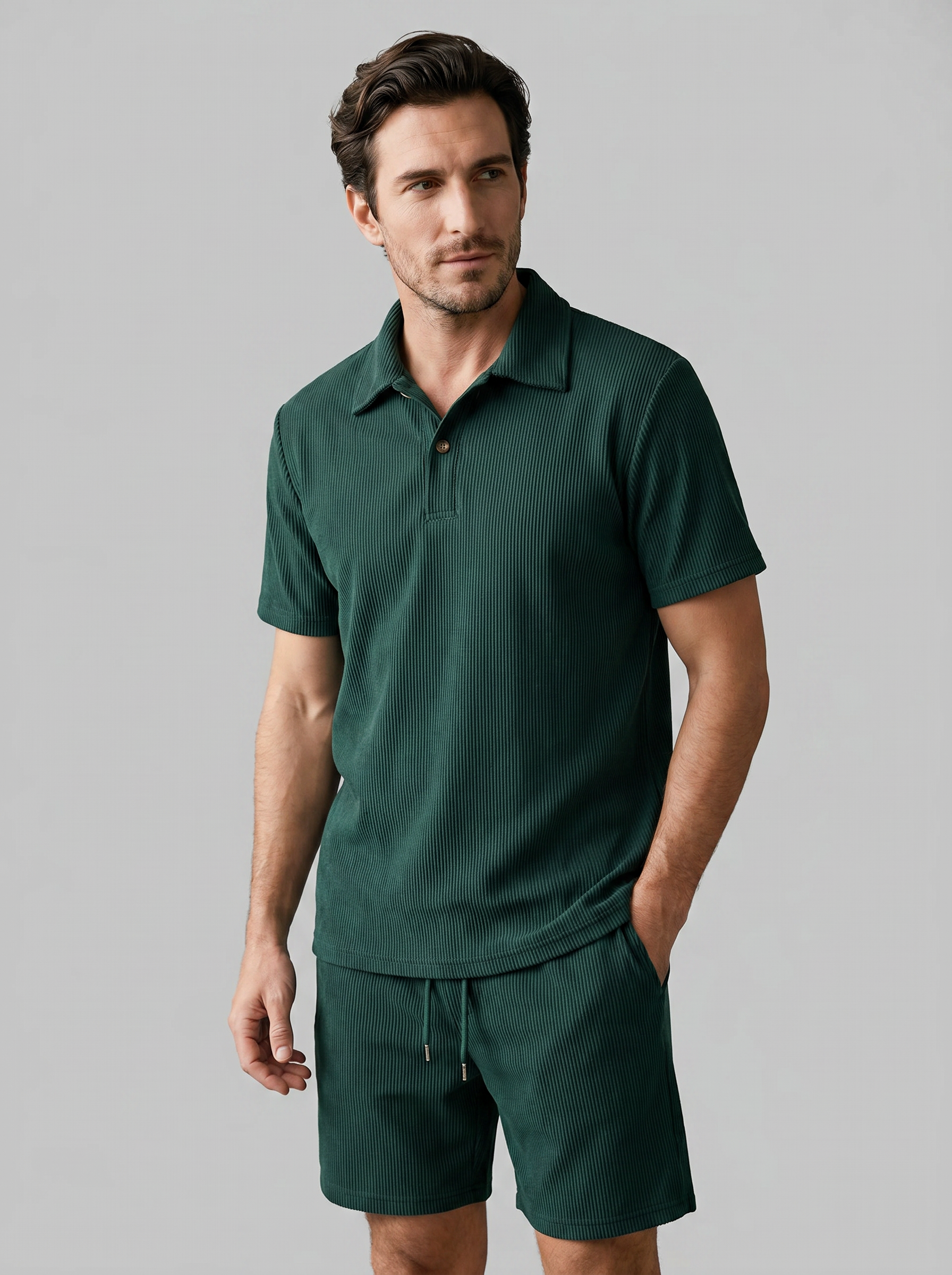 Men's Corduroy Polo Shirt and Shorts Set Slim Fit
