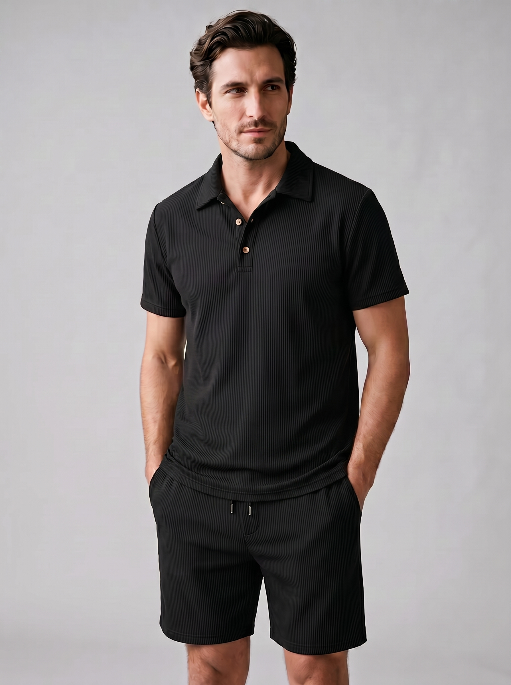 Men's Corduroy Polo Shirt and Shorts Set Slim Fit