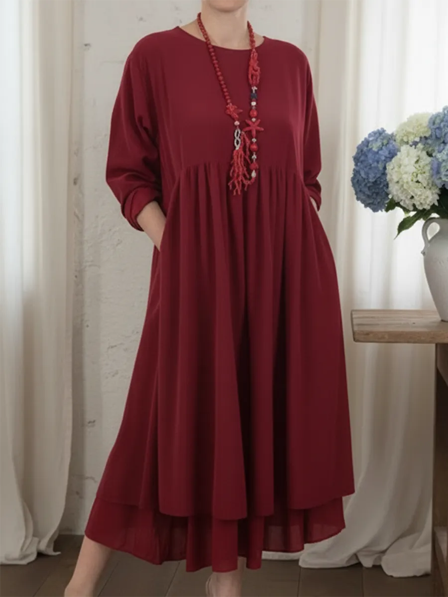 Women's Elegant Loose Fit Long Sleeve Midi Dress