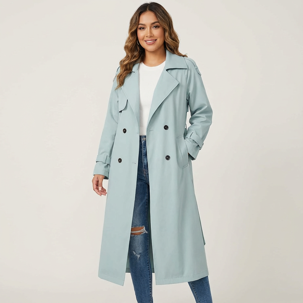 Women's Trench Coat Long Fit Classic Button Placket Casual Formal