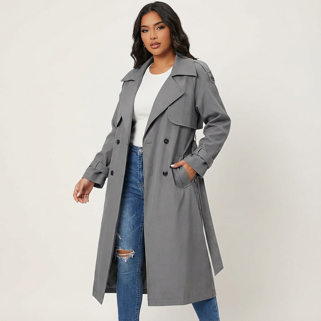 Women's Trench Coat Long Fit Classic Button Placket Casual Formal