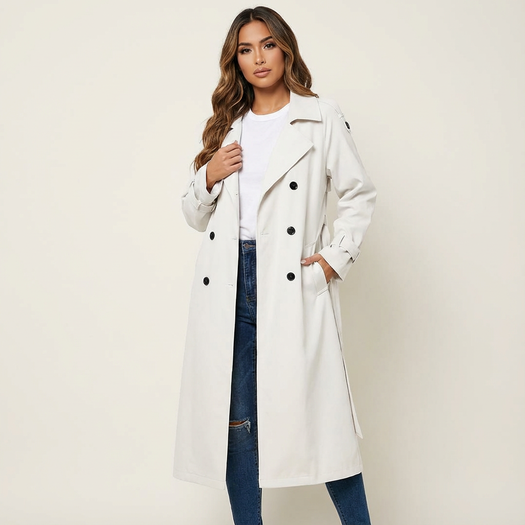 Women's Trench Coat Long Fit Classic Button Placket Casual Formal