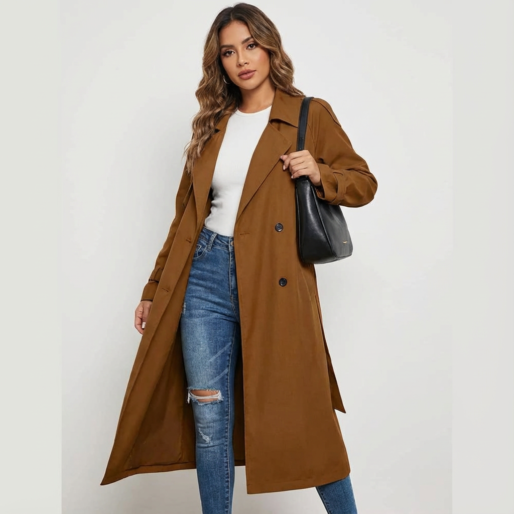 Women's Trench Coat Long Fit Classic Button Placket Casual Formal